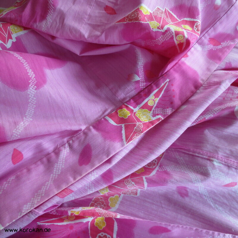 Yukata Kimono, reine Baumwolle, rot rosa Origami Kraniche