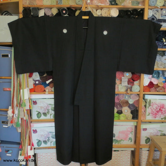 Seiden Montsuki formeller schwarzer Männer Kimono, 5 Bambus Mon