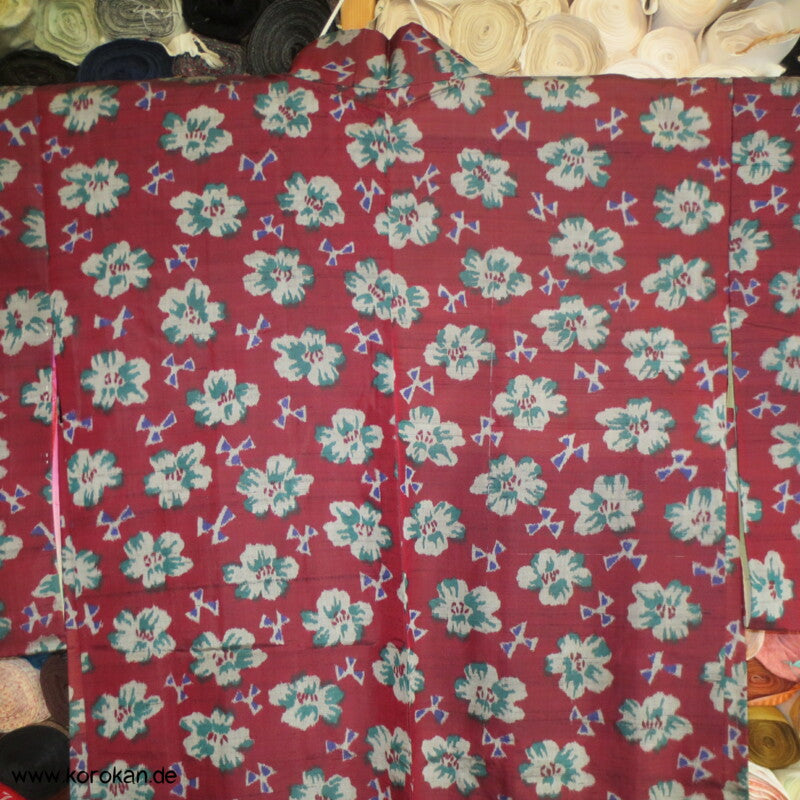 weinrot mit Blüten Meisen Seiden Haori Kimono Jacke
