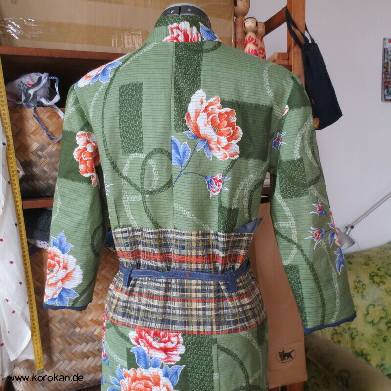Kimono Kleid aus Yukata Baumwolle, Obi, Päonien, Gr. S