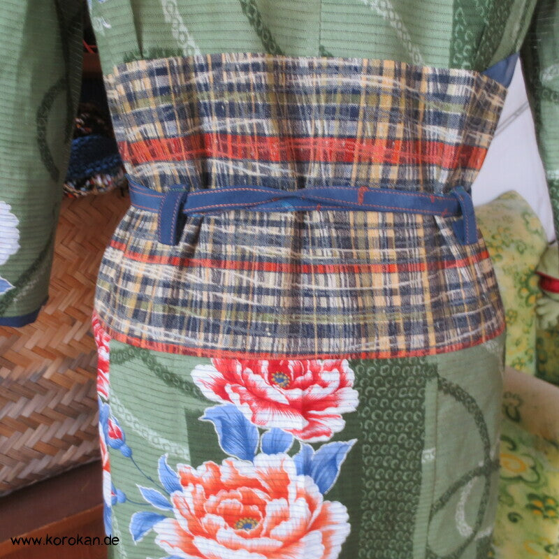 Kimono Kleid aus Yukata Baumwolle, Obi, Päonien, Gr. S
