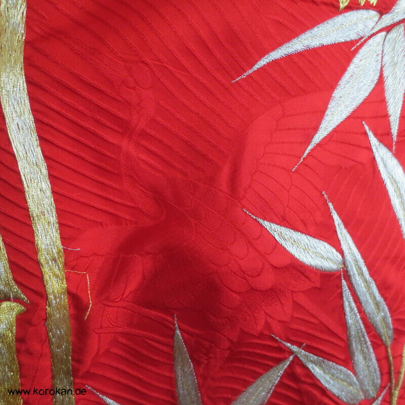 Uchikake - Kimono Hochzeitsmantel, Bambus Stickerei auf Kranich Seidendamast