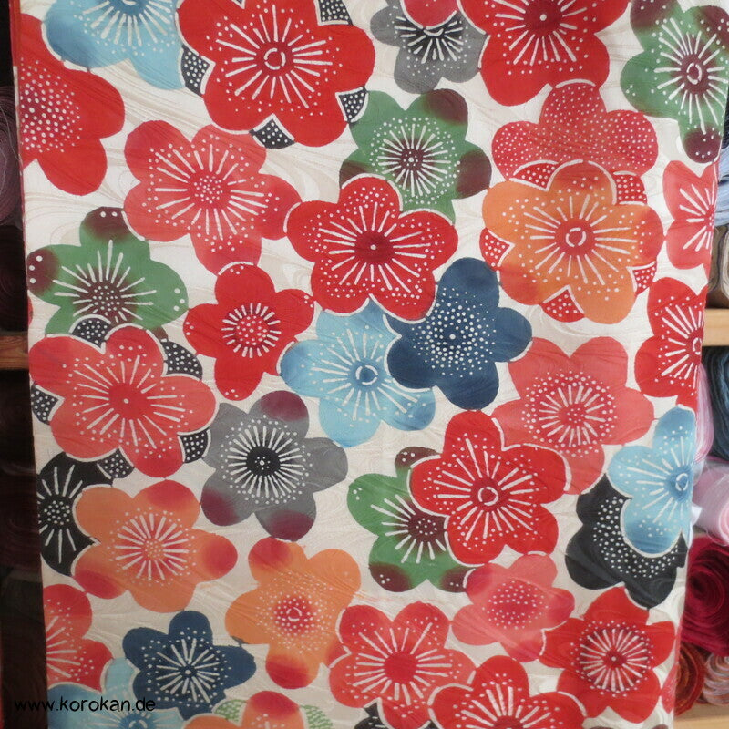 bunte Sakura Blüten auf Wellen Seiden Damast Furisode Kimono