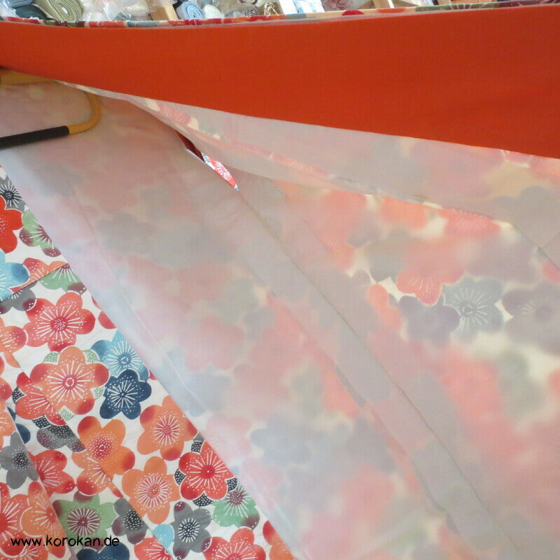 bunte Sakura Blüten auf Wellen Seiden Damast Furisode Kimono