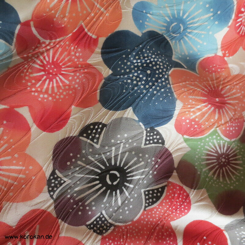 bunte Sakura Blüten auf Wellen Seiden Damast Furisode Kimono