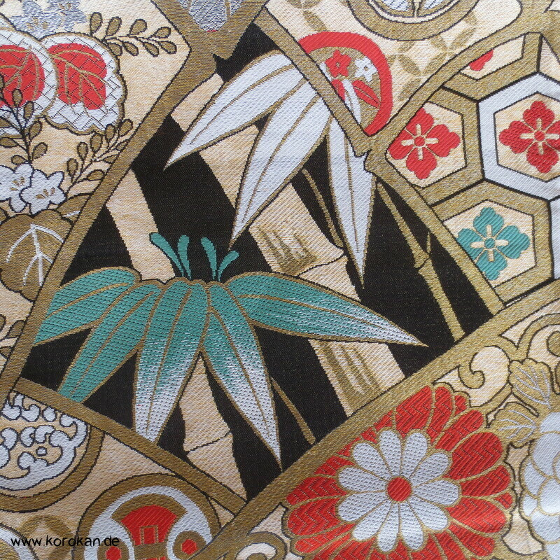 Bambusbögen, Blätter, Blüten Fukuro Obi Kimonogürtel