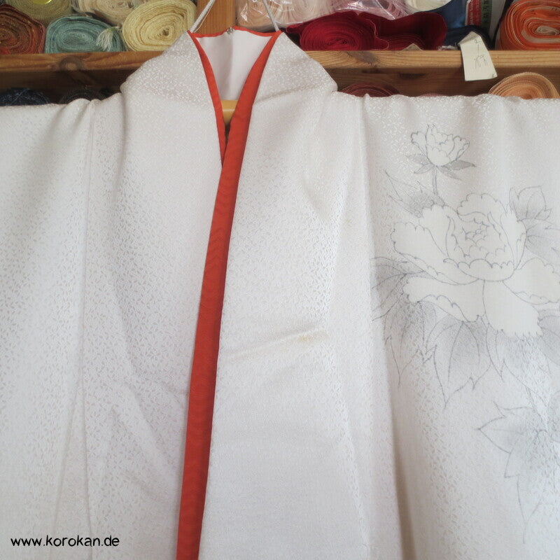 Hochzeits Homongi Kimono Seidendamast mit Päonien, gestickte Uigusu Vögeln