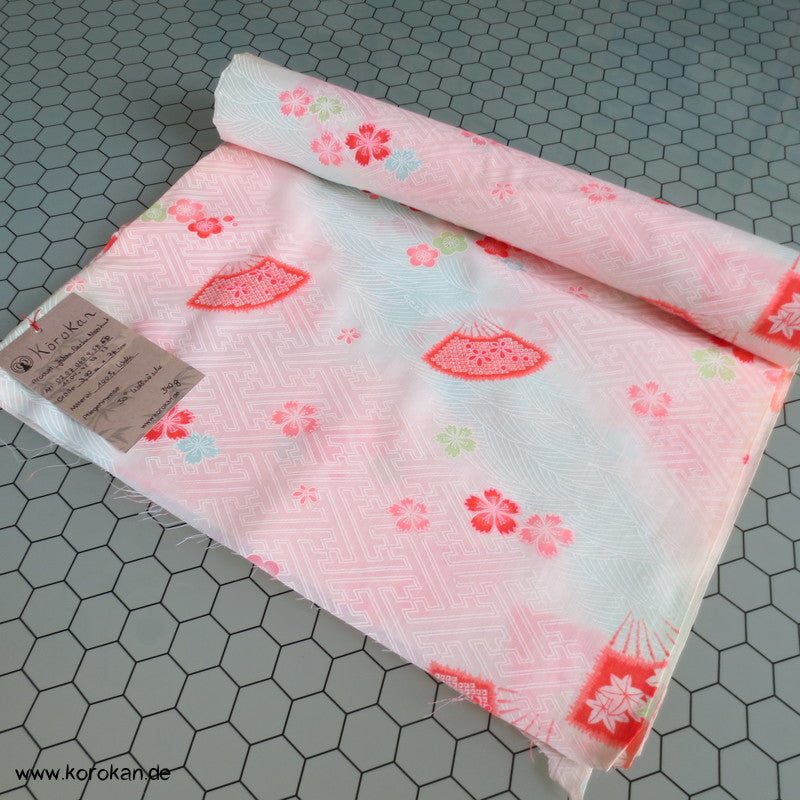 Juban Kimono Wollmusselin Fächer und Blüten auf Sayagata Bokashi