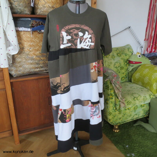 Volant Baumwoll Jersey Sommerkleid Japanmotive oliv