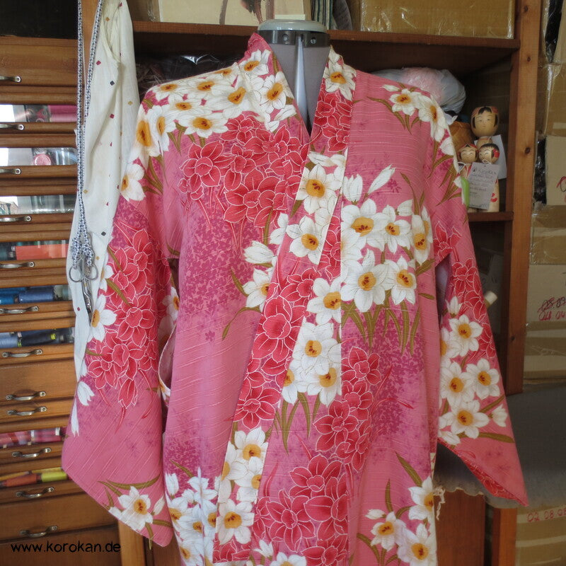 Yukata Narzissen Kimono, reine Baumwolle, gekürzt, Morgenmantel