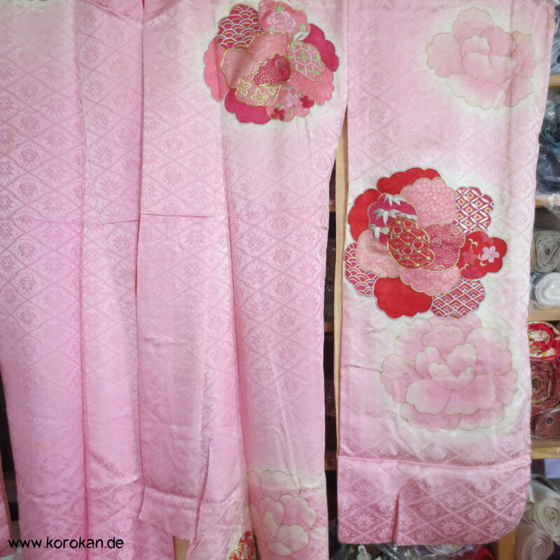 rosa mit Golddruck/ -stickerei Furisode Kimono
