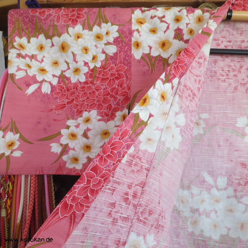Yukata Narzissen Kimono, reine Baumwolle, gekürzt, Morgenmantel