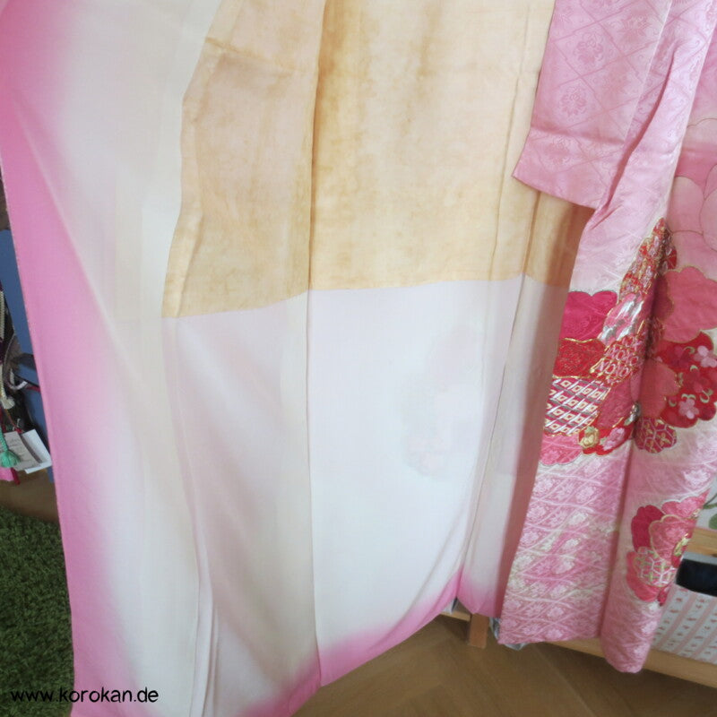 rosa mit Golddruck/ -stickerei Furisode Kimono