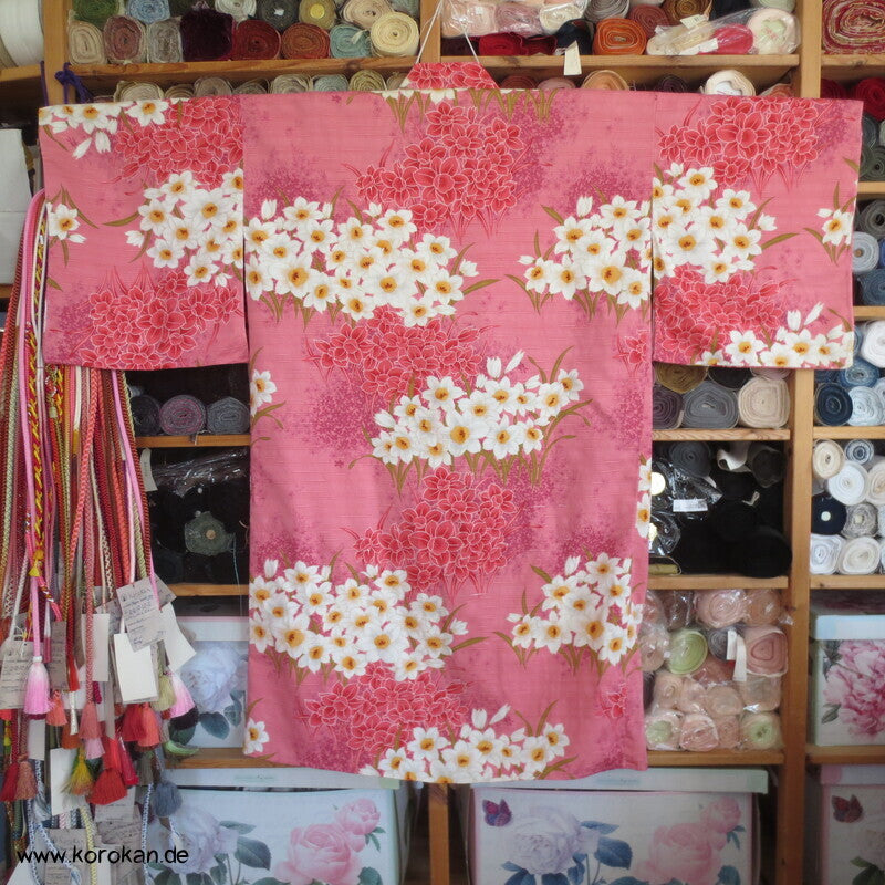 Yukata Narzissen Kimono, reine Baumwolle, gekürzt, Morgenmantel