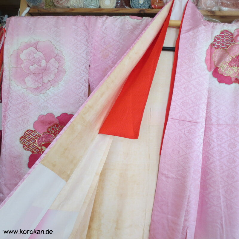 rosa mit Golddruck/ -stickerei Furisode Kimono