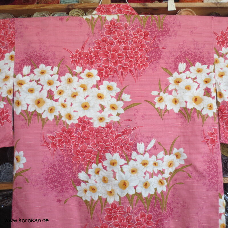 Yukata Narzissen Kimono, reine Baumwolle, gekürzt, Morgenmantel