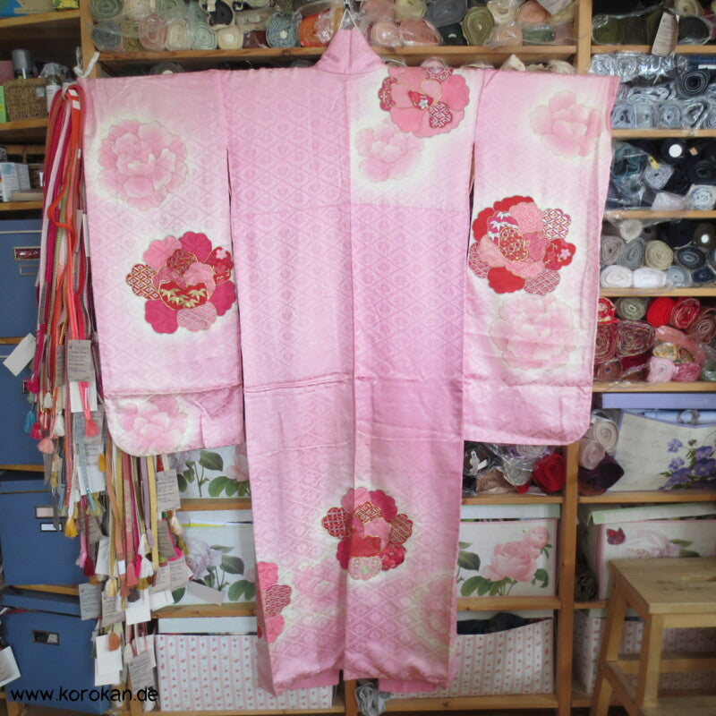 rosa mit Golddruck/ -stickerei Furisode Kimono