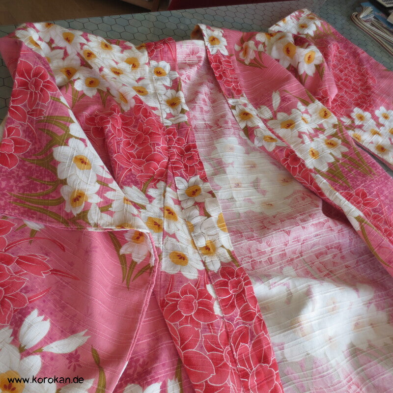 Yukata Narzissen Kimono, reine Baumwolle, gekürzt, Morgenmantel