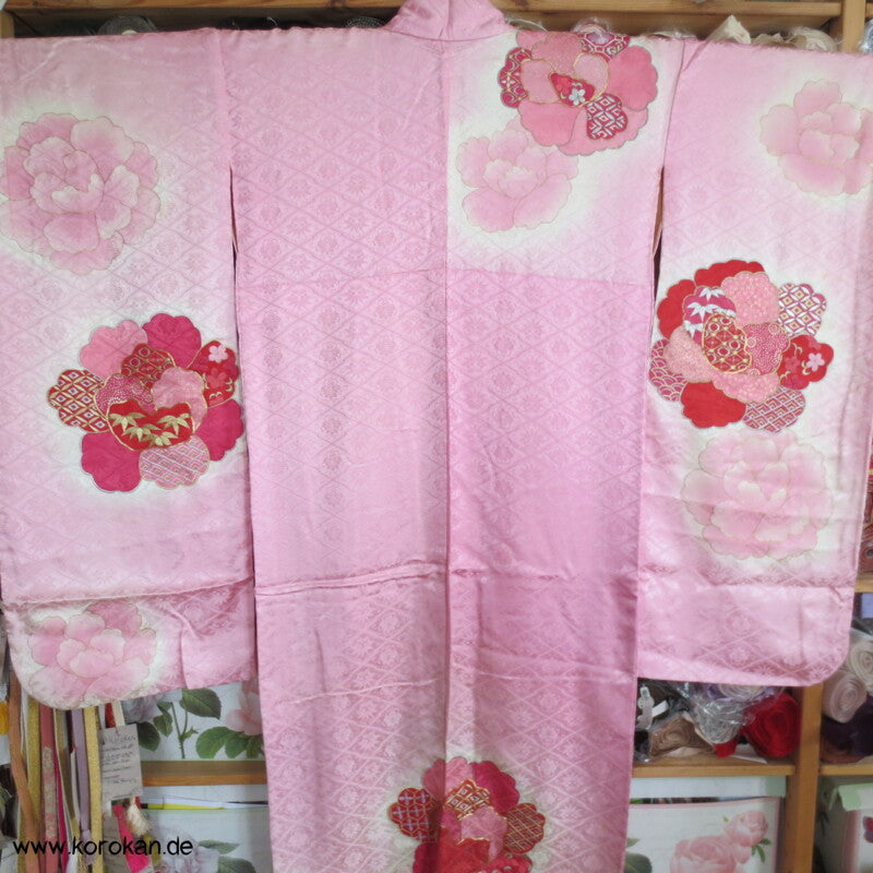 rosa mit Golddruck/ -stickerei Furisode Kimono