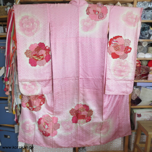 rosa mit Golddruck/ -stickerei Furisode Kimono