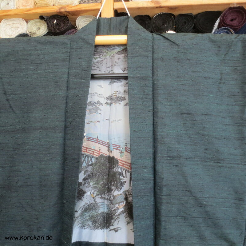 schwarzgrüne Fushi Tsumugi Seide Haori Männer Kimono Jacke, Brückenmotiv