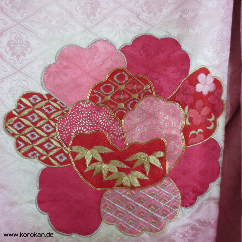 rosa mit Golddruck/ -stickerei Furisode Kimono