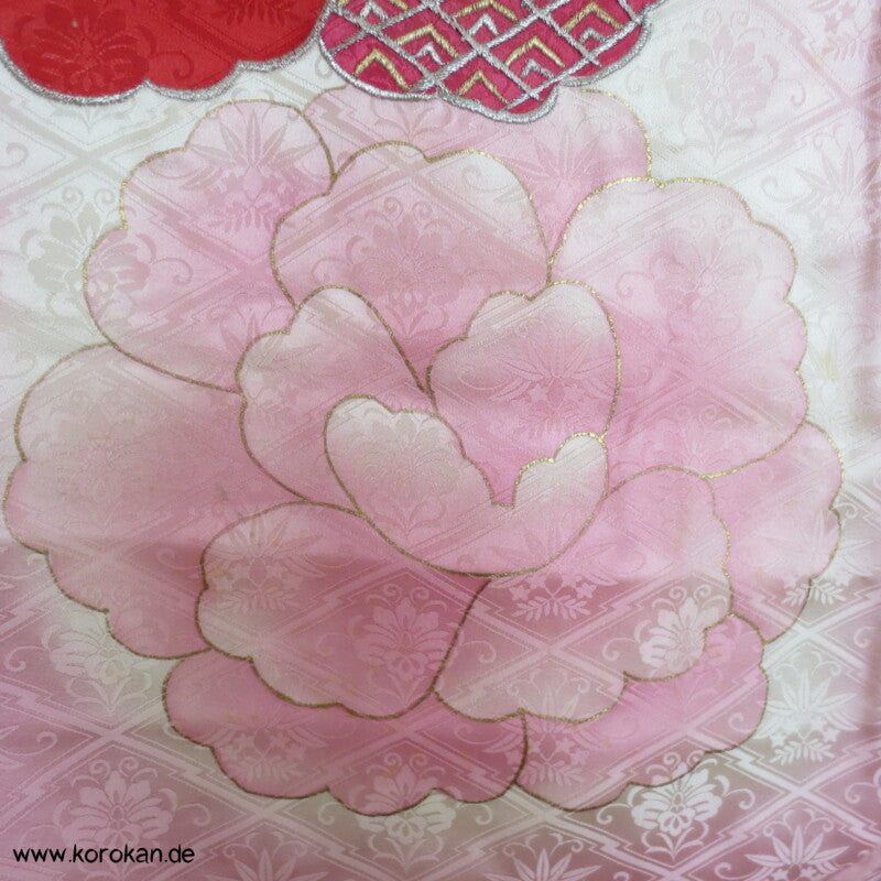 rosa mit Golddruck/ -stickerei Furisode Kimono