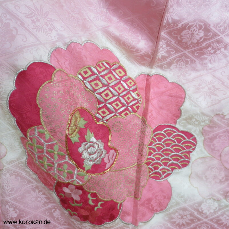rosa mit Golddruck/ -stickerei Furisode Kimono