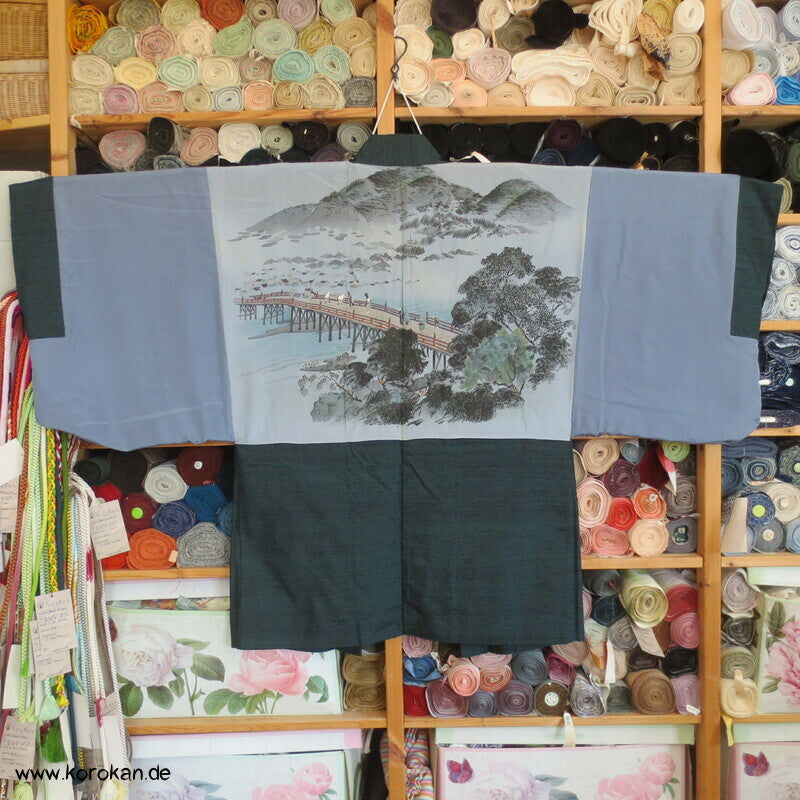 schwarzgrüne Fushi Tsumugi Seide Haori Männer Kimono Jacke, Brückenmotiv
