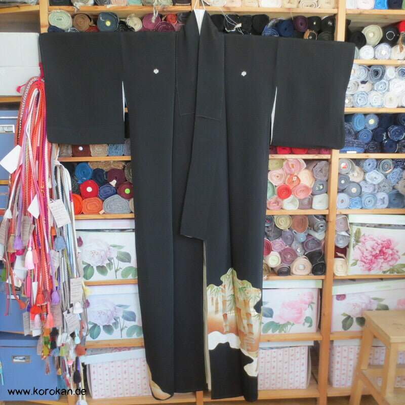 bestickter Bambuswald Seidencrepe Tomesode Kimono