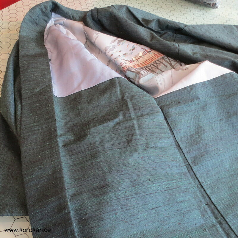 schwarzgrüne Fushi Tsumugi Seide Haori Männer Kimono Jacke, Brückenmotiv