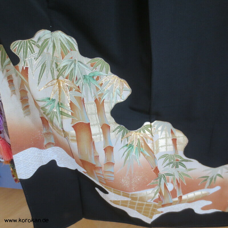 bestickter Bambuswald Seidencrepe Tomesode Kimono