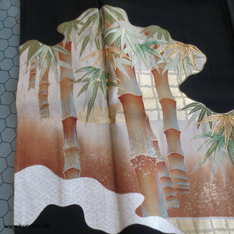bestickter Bambuswald Seidencrepe Tomesode Kimono